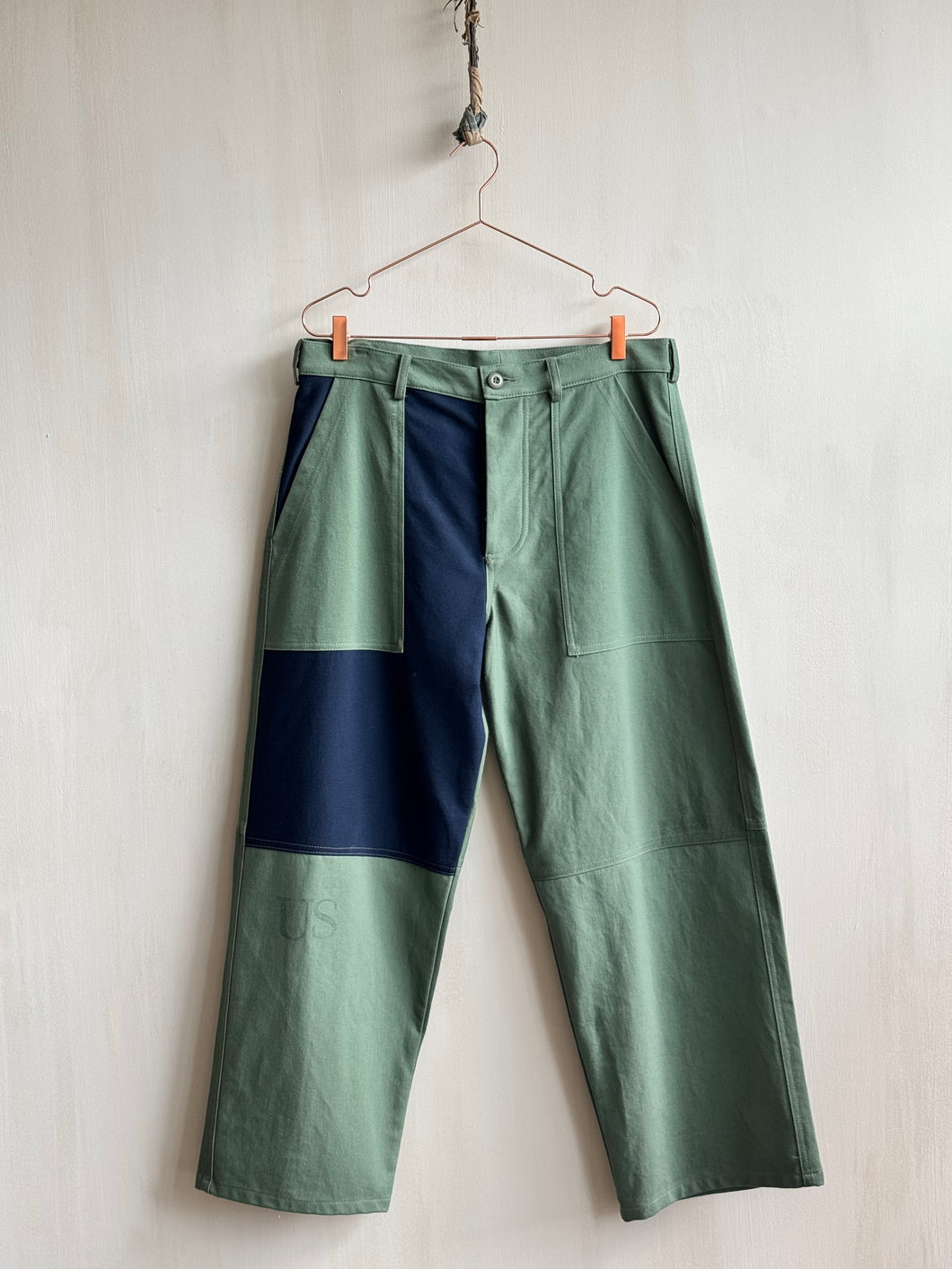 Latre upcycled deadstock overdyed Patchwork US laundry bag trousers