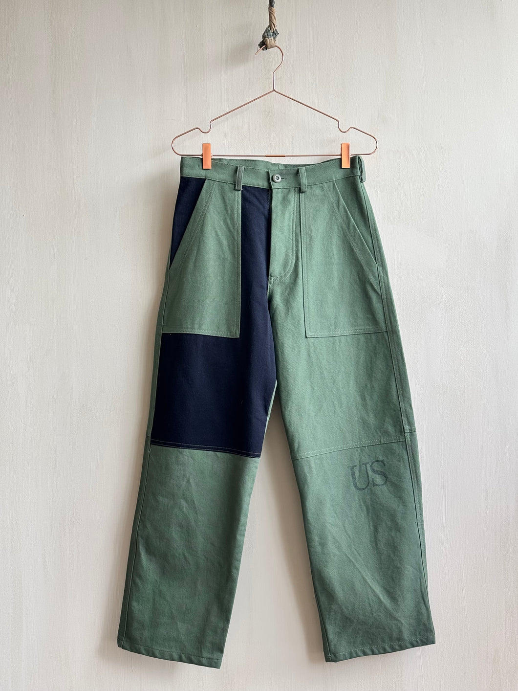 Latre upcycled deadstock overdyed Patchwork US laundry bag trousers